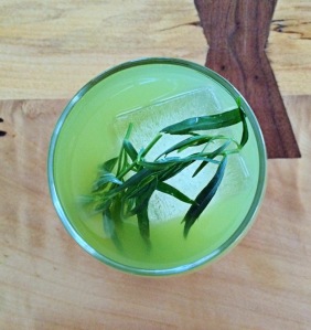 Green Envy Gin, Ransom dry vermouth, celery bitters, zucchini juice, tarragon, and a bigass ice cube