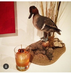 This lucky duck is looking over my Oaxaca Old Fashioned during the very important R & D phase of my chocolate cocktail assignment